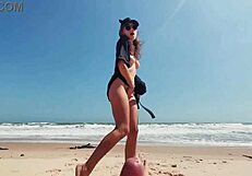 Teen girl masturbates publicly on nude beach while guy cums