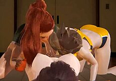 Futa Overwatch Threesome: Tracer, Brigitte, and DVA Engage in 3D Creampie Action
