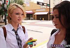 little teens in uniform get facialized after wild group action