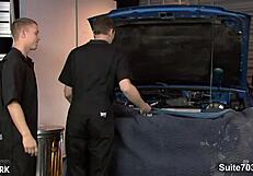 Gay Mechanics Fucking and Sucking Big Cocks in Garage