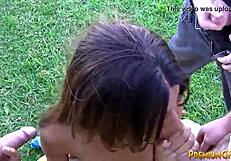 tiny trisha blowbang with 5 big dicks!