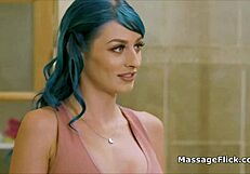 Blue haired masseuse pleases oily big white dick in shower.