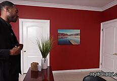 Curvy secretary delivers sloppy blowjob and rides big black cock