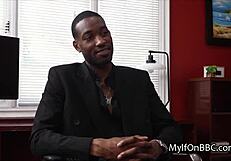 Curvy secretary delivers sloppy blowjob and rides big black cock