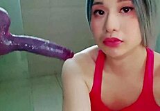 deepthroat dildo machine like a pro! asian twink shows skills