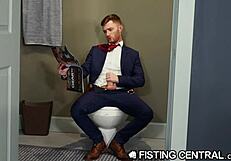 mature boss catches employee jerking in the bathroom
