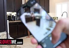 Creepy Stepbro Spies on Ebony Stepsister Flashing Tits to Boyfriend in Kitchen