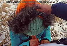 milf bends over for pov blowjob and cum on pussy in dirty pantyhose outdoors