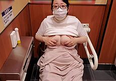 Housewife pleasuring herself in the store bathroom