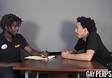 Muscular security officer seduces gay man with a sensual blowjob and then has anal sex