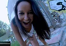 Wonderful Brunette Girl Drills Hard Outdoor!