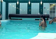 Yo, see 3 stunning bombshells share a cock by the pool!