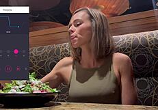 Public orgasm in restaurant using remote controlled lush vibrator