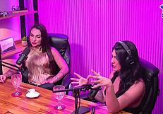 Bisexual lesbian in lingerie reaches orgasm naked in studio