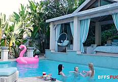 Wow, young teens licking in pool lesbian orgy!
