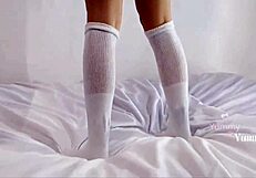 My classmate helps me nail phys ed exercises perfectly. We end up sweaty together.