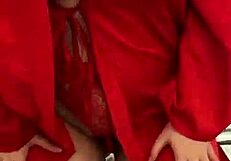 Petite Brunette In Red Lingerie Touches Her Big Tits