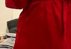 Petite Brunette In Red Lingerie Touches Her Big Tits