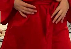 Petite Brunette In Red Lingerie Touches Her Big Tits