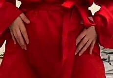 Petite Brunette In Red Lingerie Touches Her Big Tits