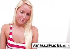 Sexy Vanessa plays with her tight wet pussy in the cage, feeling so wet and horny.