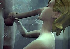 an animated blowjob scene with a monster ends in a messy creampie.