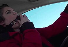 She drives around with a BALL GAGGED mouth in public milf homemade bondage
