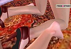 Two lesbian girls in animated hentai kiss and fuck with a double dildo