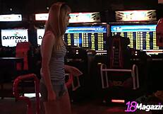 fringe-haired babe lilly luck in tight dress playing