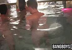 Muscular men having a hot bareback scene next to the pool at a party
