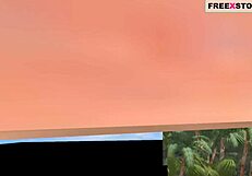 Two lesbian girls in animated hentai kiss and fuck with a double dildo