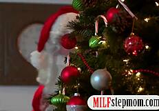 milf and teen fuck horny santa in threesome, big tits bouncing