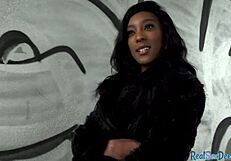 Pulled ebony babe gets fucked in public then tugs and sucks eagerly