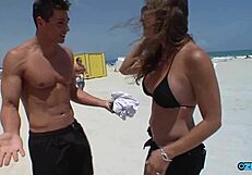 A woman in a bikini who was chosen from the beach goes through a hot sex experience