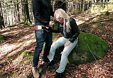 Blonde Bombshell Drilled Hard in Forest Wearing Leather Jeans