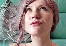 juicy beauty teases with slow suck and swallows cum eagerly