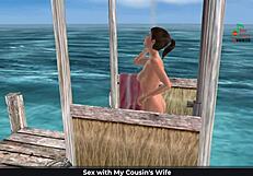 English audio story with animated 3d cartoon of cute girl posing on the beach and showering.