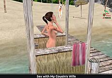 English audio story with animated 3d cartoon of cute girl posing on the beach and showering.