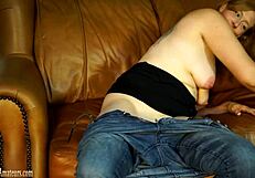 She masturbates on casting couch, leading to blowjob.