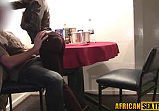 A hardcore scene of an ebony amateur riding a big white cock in a Airbnb house