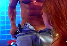 Busty redhead biker girl rides cock hard on her bike, getting assfucked and facial