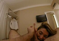 Young Russian gives blowjob making French man cum on big tits