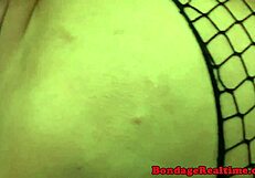 busty sub slave gets her feet punished in fishnets before pissing in the garage