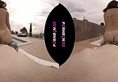 Young Latina neighbor enters pool for outdoor POV sex