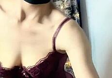 Asian Girl in Sexy Uniform Uses Vibrator on Pussy and Tits