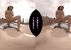 Young Latina neighbor enters pool for outdoor POV sex