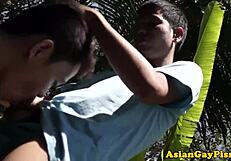Young gay guys have fun outdoors with anal sex and pissing fetish