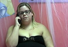 Chubby teen grips my cock for intense handjob.