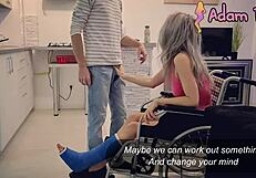 Slut in wheelchair with leg cast gets cum on face instead of help from naughty adeline and adam tiny 18+
