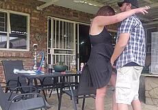 the neighbor's wife gets fingered and fucked outdoors with an upskirt while her husband is at work